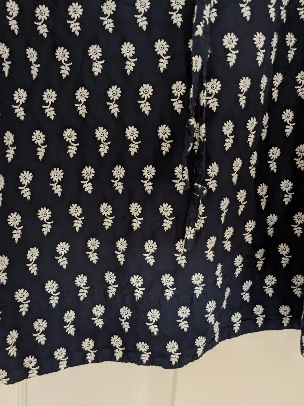 J. Crew Navy and White Floral Tie-Neck Short Sleeve Blouse